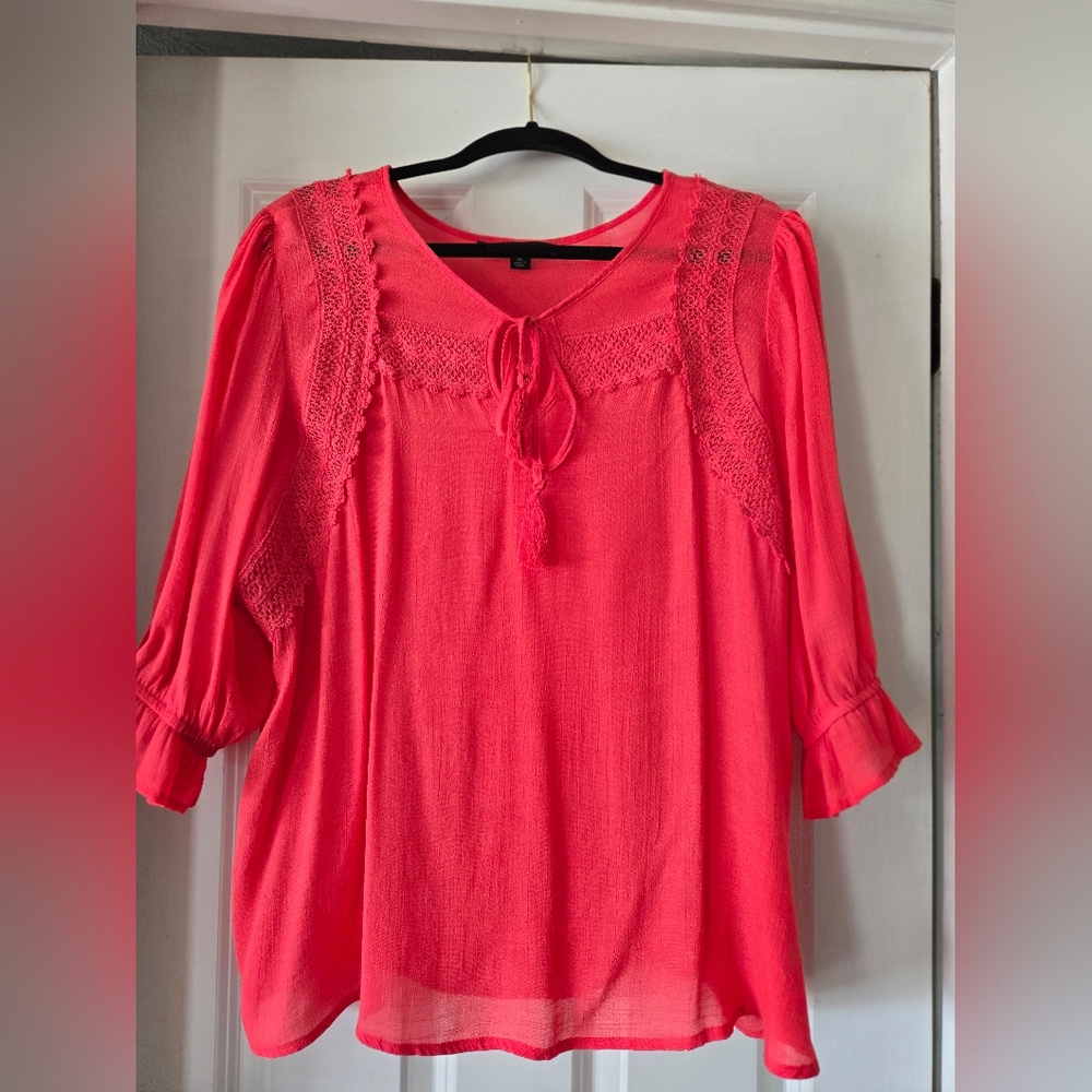 Zac & Rachel Vibrant Salmon/Pink Blouse with Crochet Detail